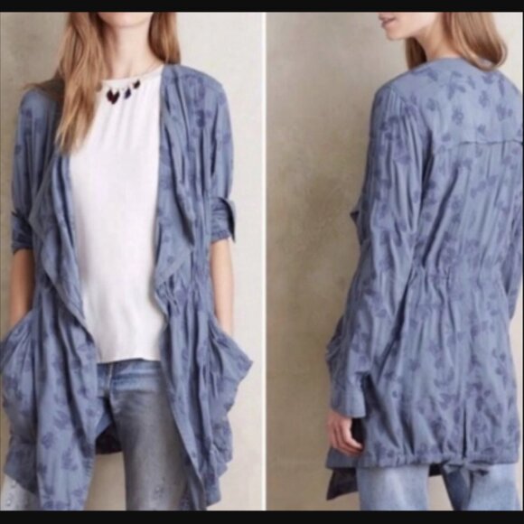 Anthropologie Hei Hei Periwinkle Embroidered Draped Chambray Jacket Kimono Sz L - Picture 1 of 15